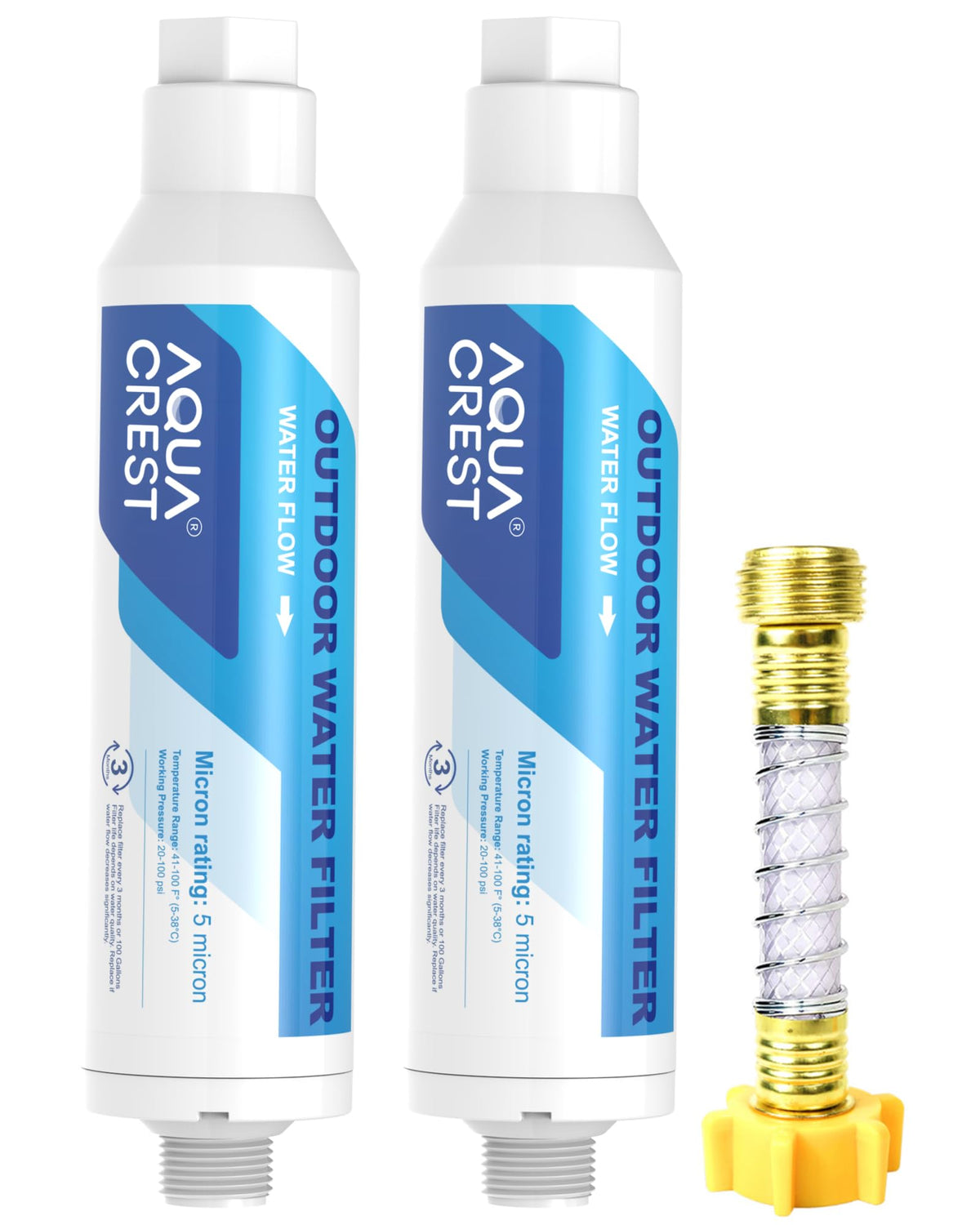 AQUA CREST inline water filter front view shows compact filtration for car washing.
