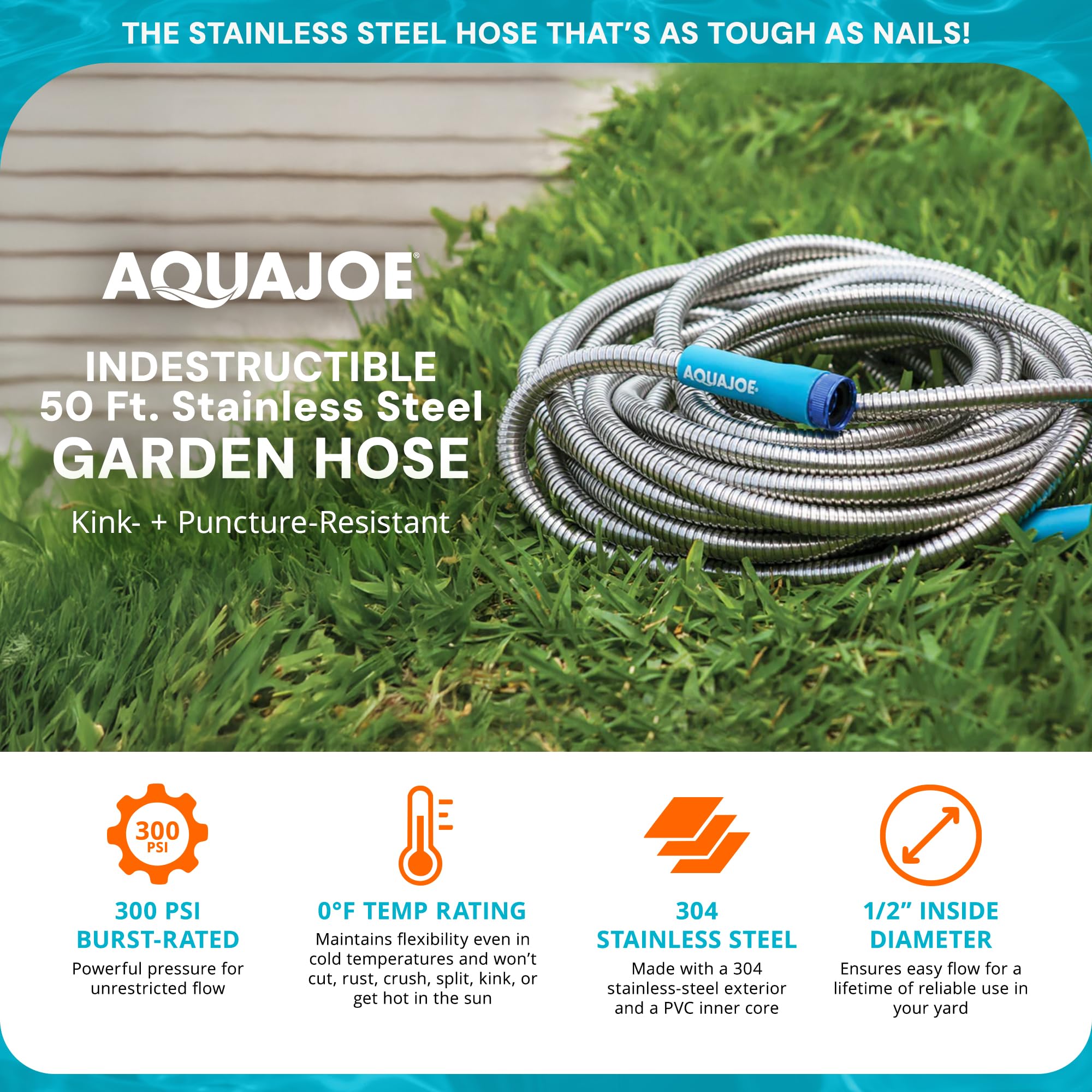 Aqua Joe AJSGH50 aluminum fittings ensure leak-proof, secure connections.