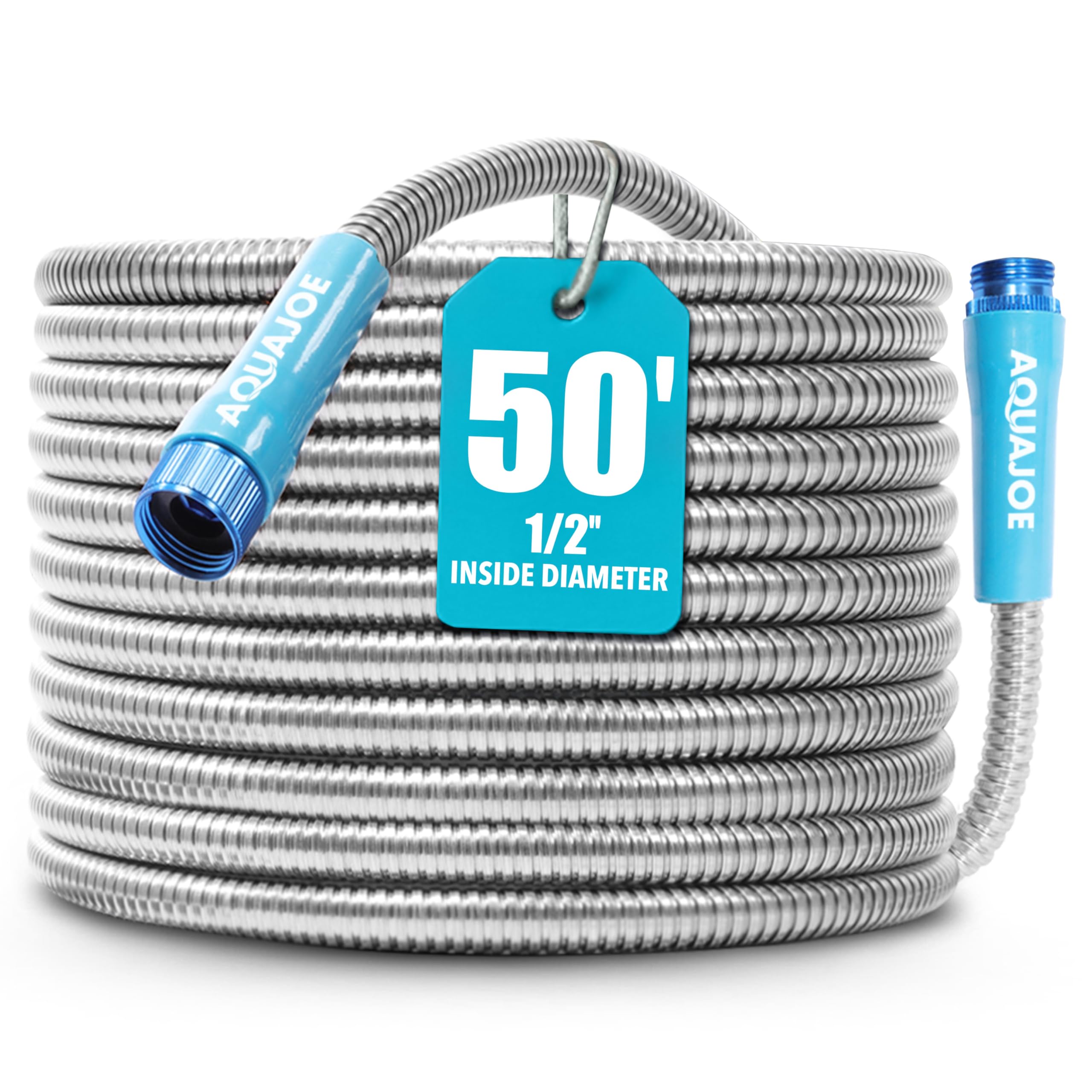 Aqua Joe AJSGH50 stainless steel hose exterior endures sun and wear for lasting outdoor use.