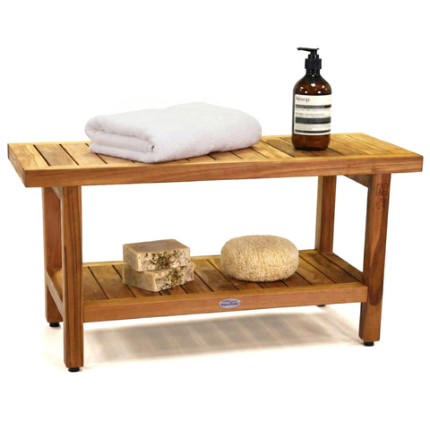 AquaTeak 36-inch shower bench demonstrates compact dimensions for tight bathrooms.