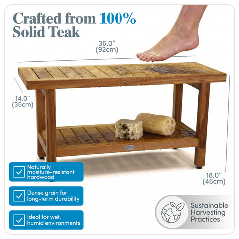 AquaTeak teak shower bench highlights durability and humidity resistance.