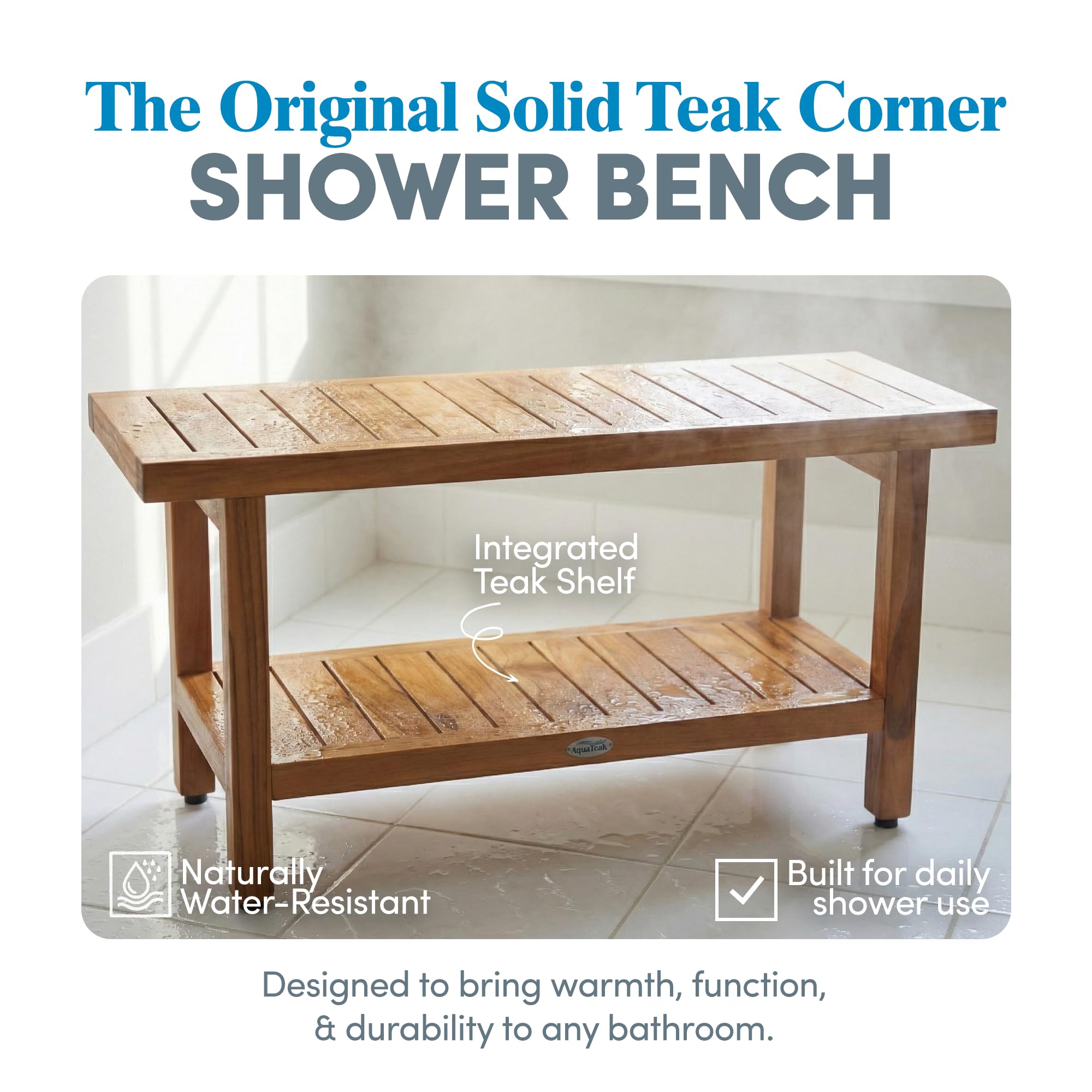 AquaTeak bench with built-in storage shelf keeps bathroom essentials within reach.