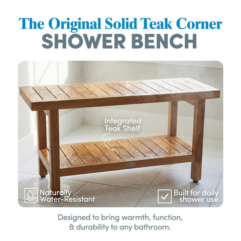 AquaTeak bench with built-in storage shelf keeps bathroom essentials within reach.