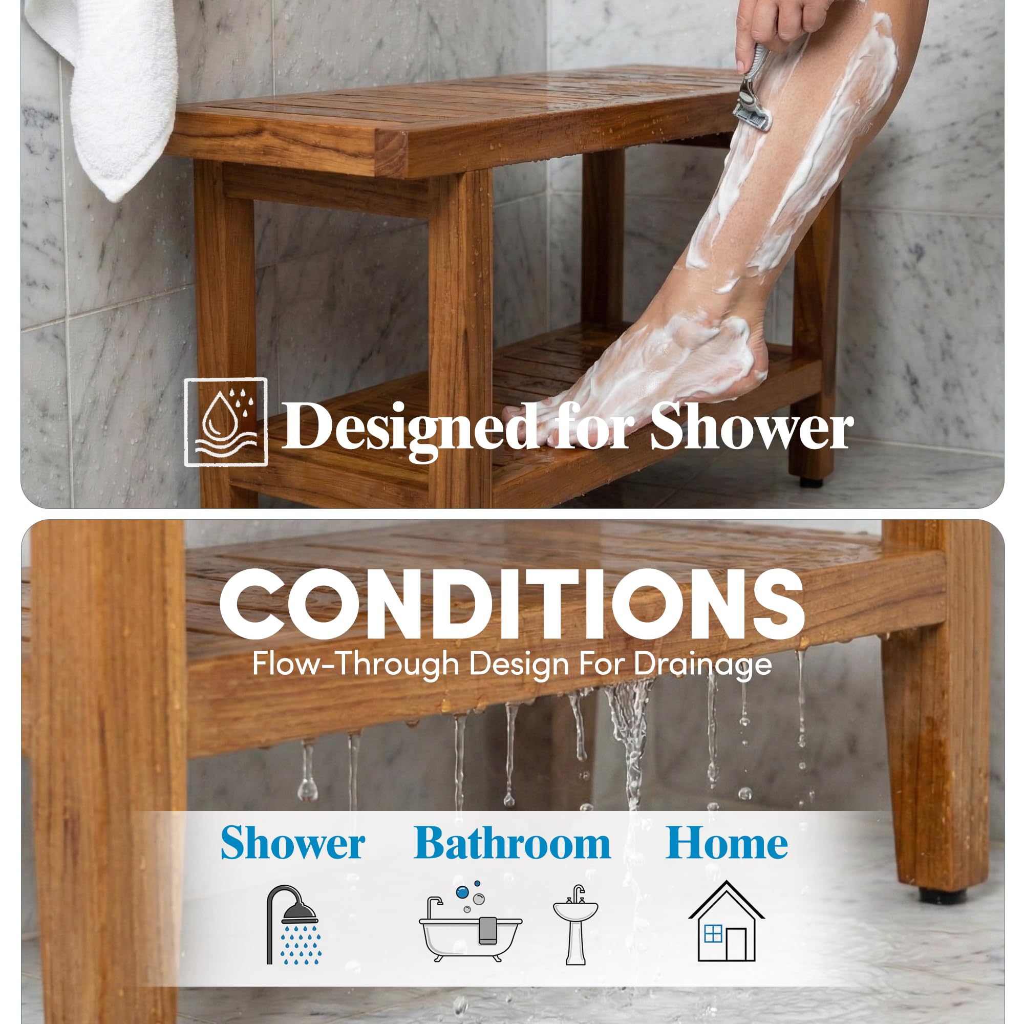 AquaTeak original teak bench blends luxury bathroom style with practicality.