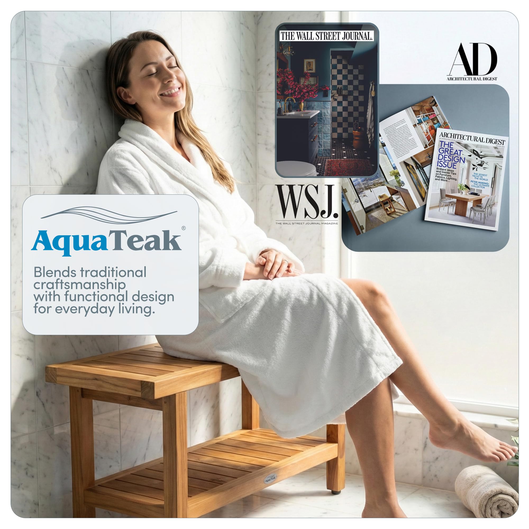 AquaTeak teak bench for indoor and outdoor spaces.