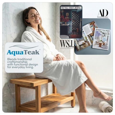 AquaTeak teak bench for indoor and outdoor spaces.