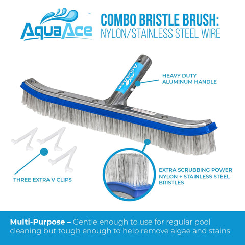 AquaAce Premium 17-inch wide brush covers large area quickly for efficient pool scrubbing.