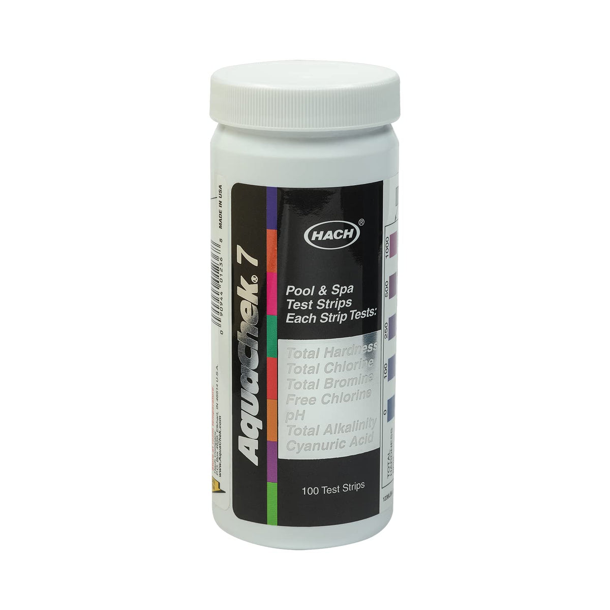 AquaChek 7-Way strips bottle shown for easy home pool testing.