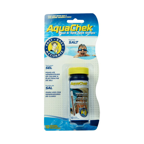 AquaChek salt test strip dipping process shows simple color reading.