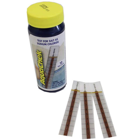 AquaChek salt test strips packaging back showing instructions and reliability