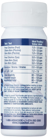 AquaChek TruTest strip dipped to measure chlorine, bromine, pH, alkalinity