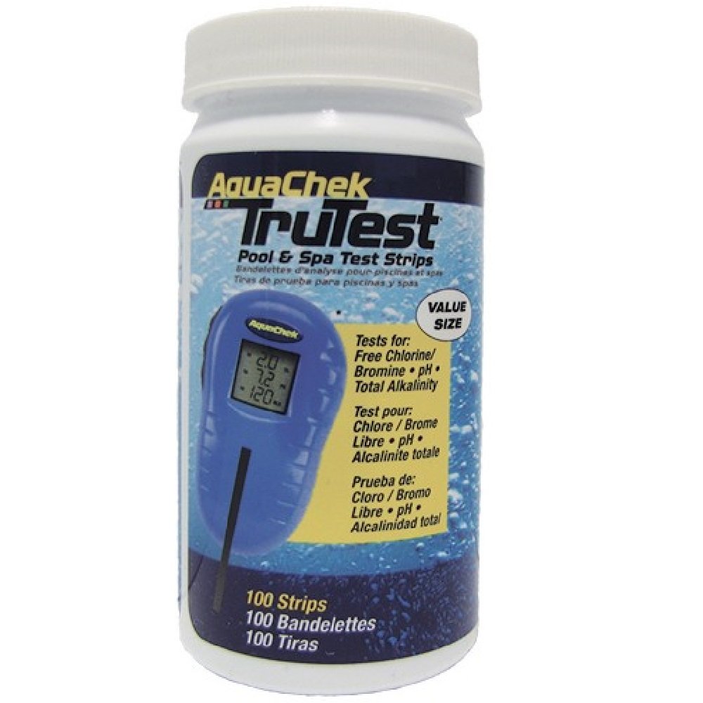 AquaChek TruTest strips in bottle for chlorine, pH, and alkalinity testing with a digital reader