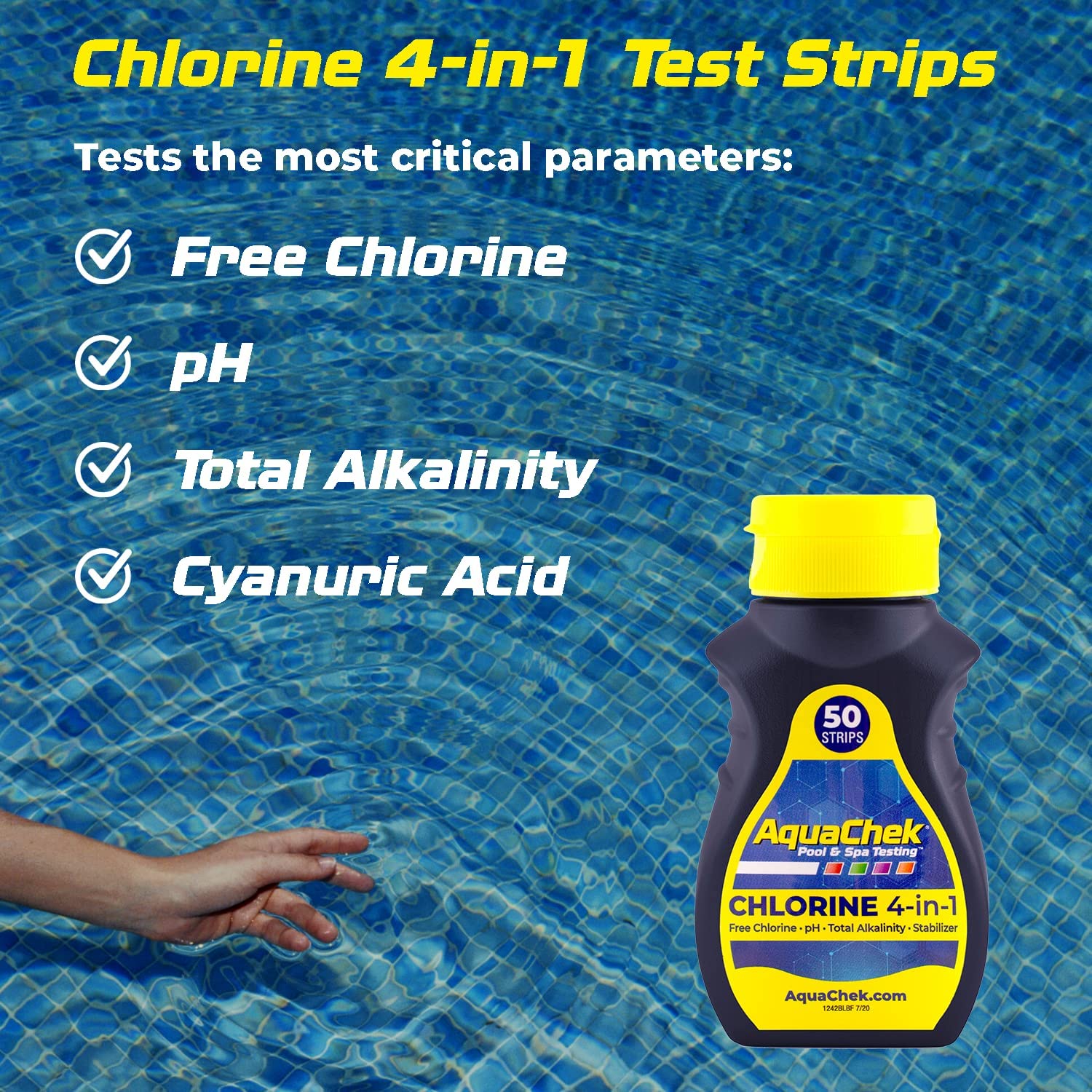 AquaChek Yellow 4-Way strip with color chart for easy interpretation.