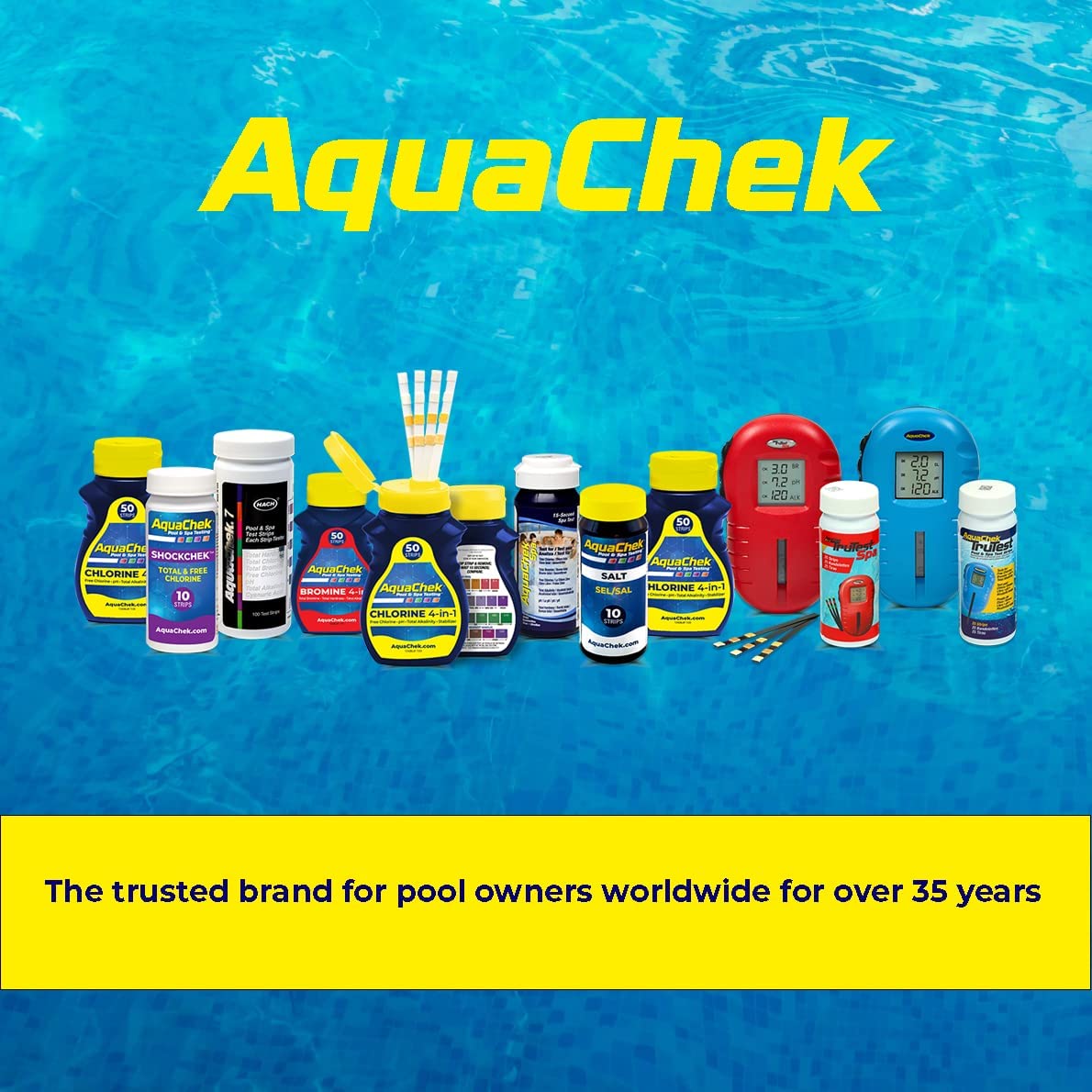 AquaChek Yellow 4-Way packaging closeup showing 50 strips.