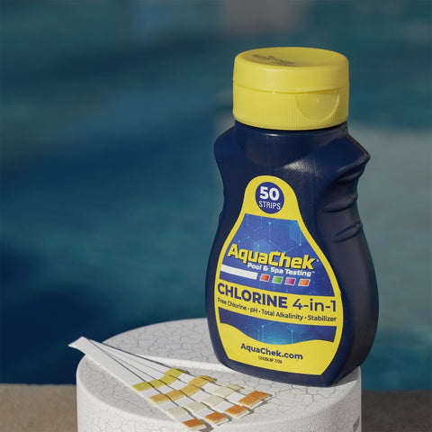 AquaChek Yellow 4-Way bottle dispense close-up showing single-strip access.