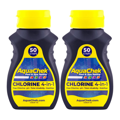 AquaChek Yellow 4-Way bottle front ready for quick pool testing.
