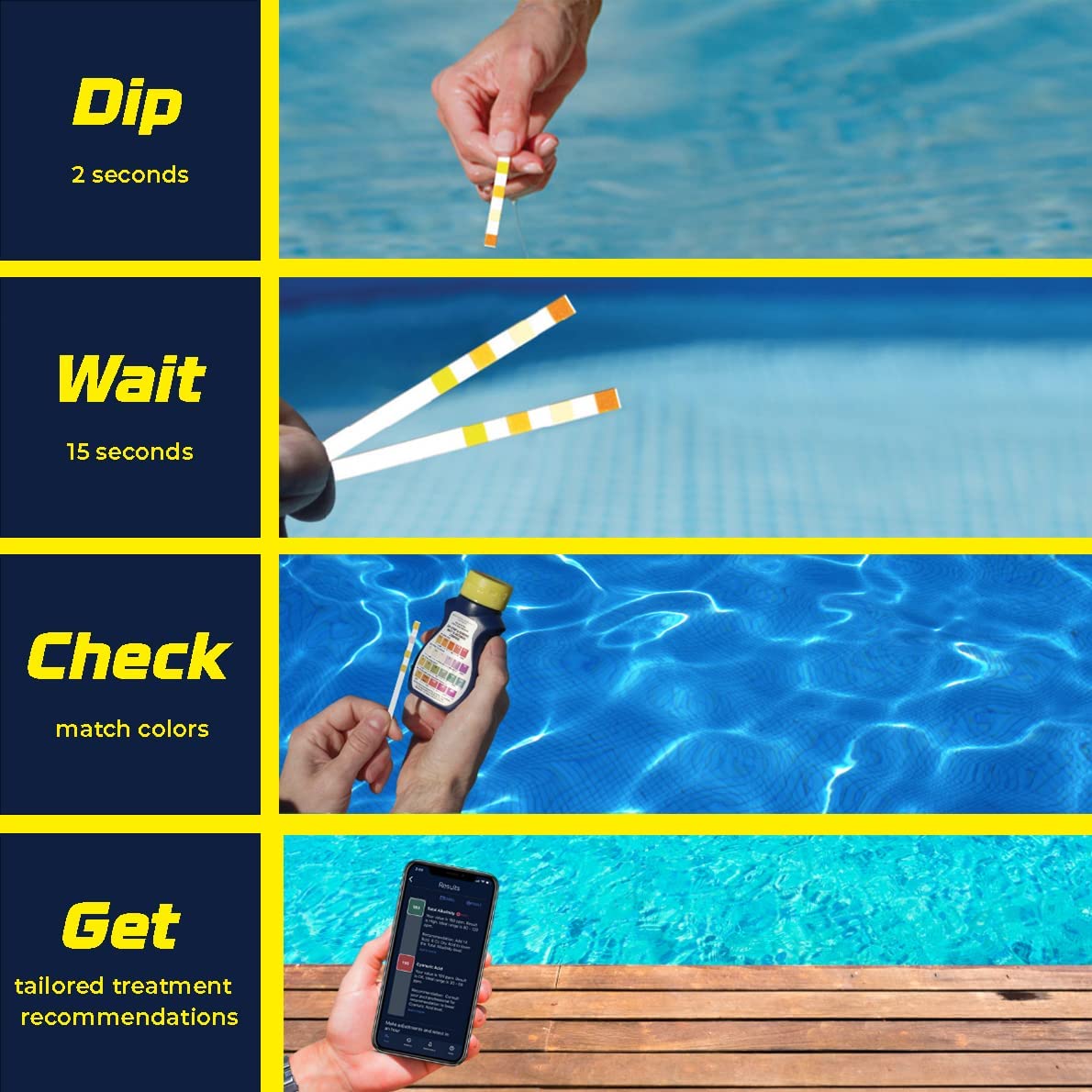 AquaChek Yellow 4-Way strip aligned with color guide for accurate readings.