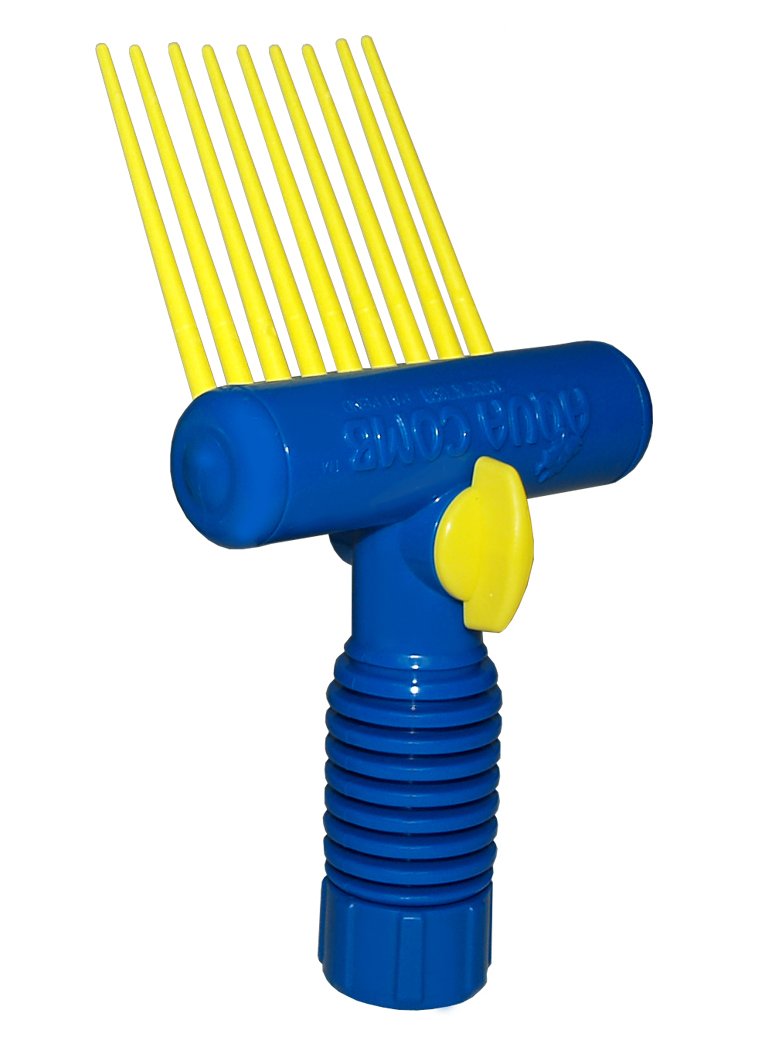 Aqua Comb pool filter cartridge cleaning tool in use for clearer pool water.