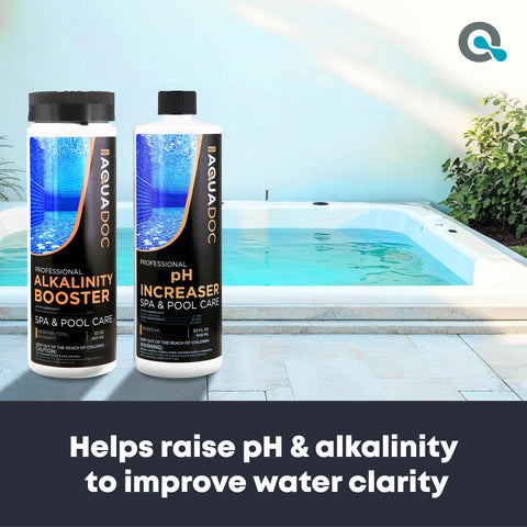 AquaDoc Alkalinity Up bottle close-up shows formula for balanced spa water.