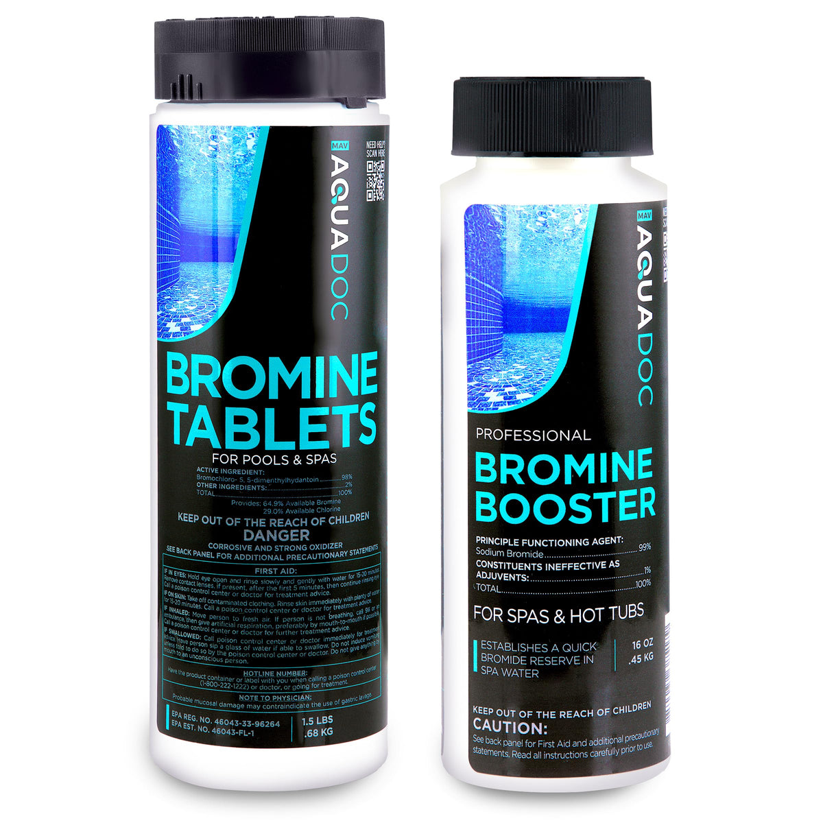 AquaDoc bromine tablets close-up showing slow dissolution for steady spa sanitation.