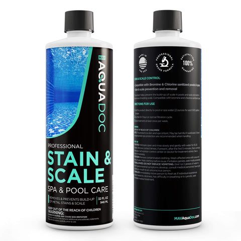 AquaDoc calcium decreaser bottle targets calcium deposits on spa surfaces.