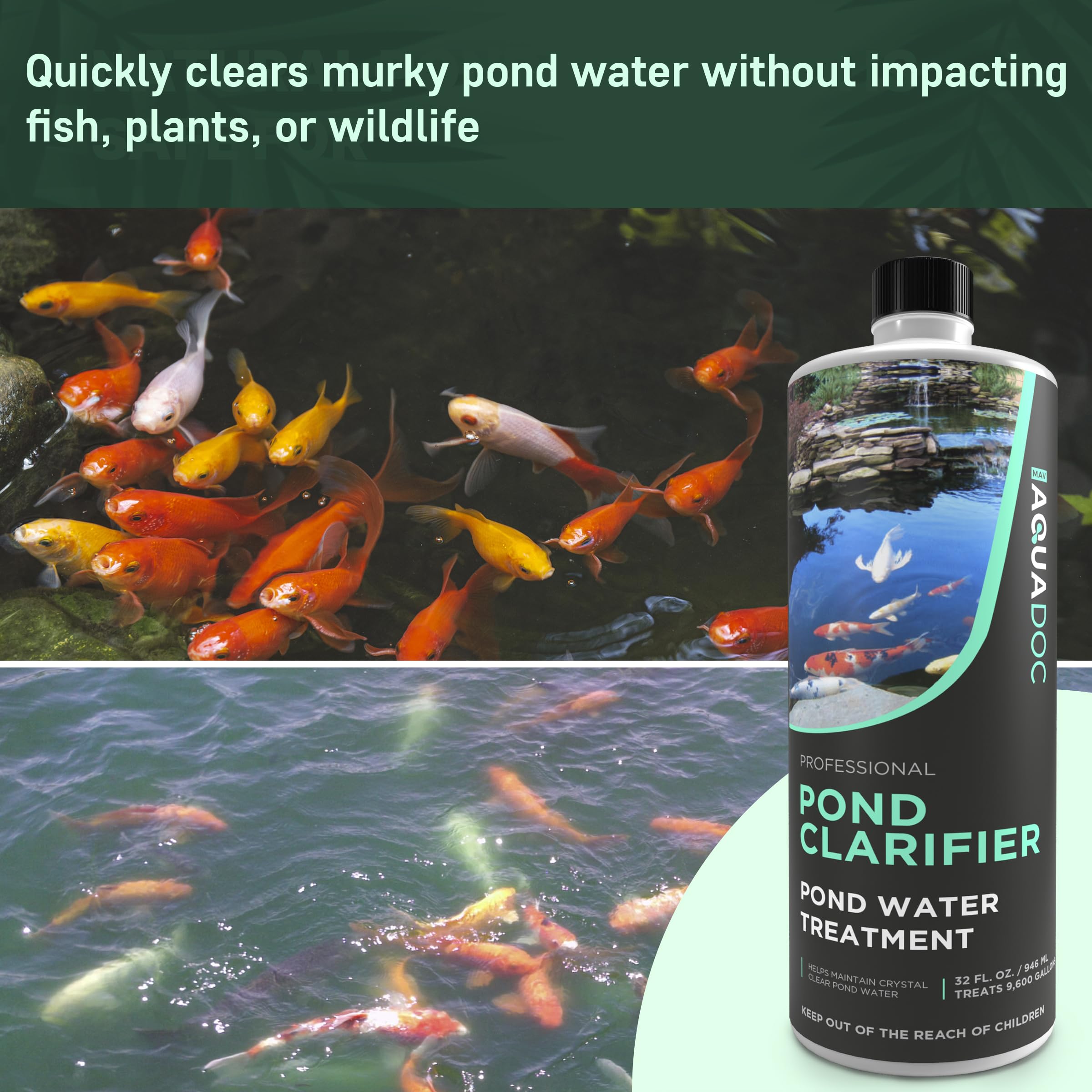 AquaDoc fish-safe clarifier action reduces cloudiness for vibrant ponds.