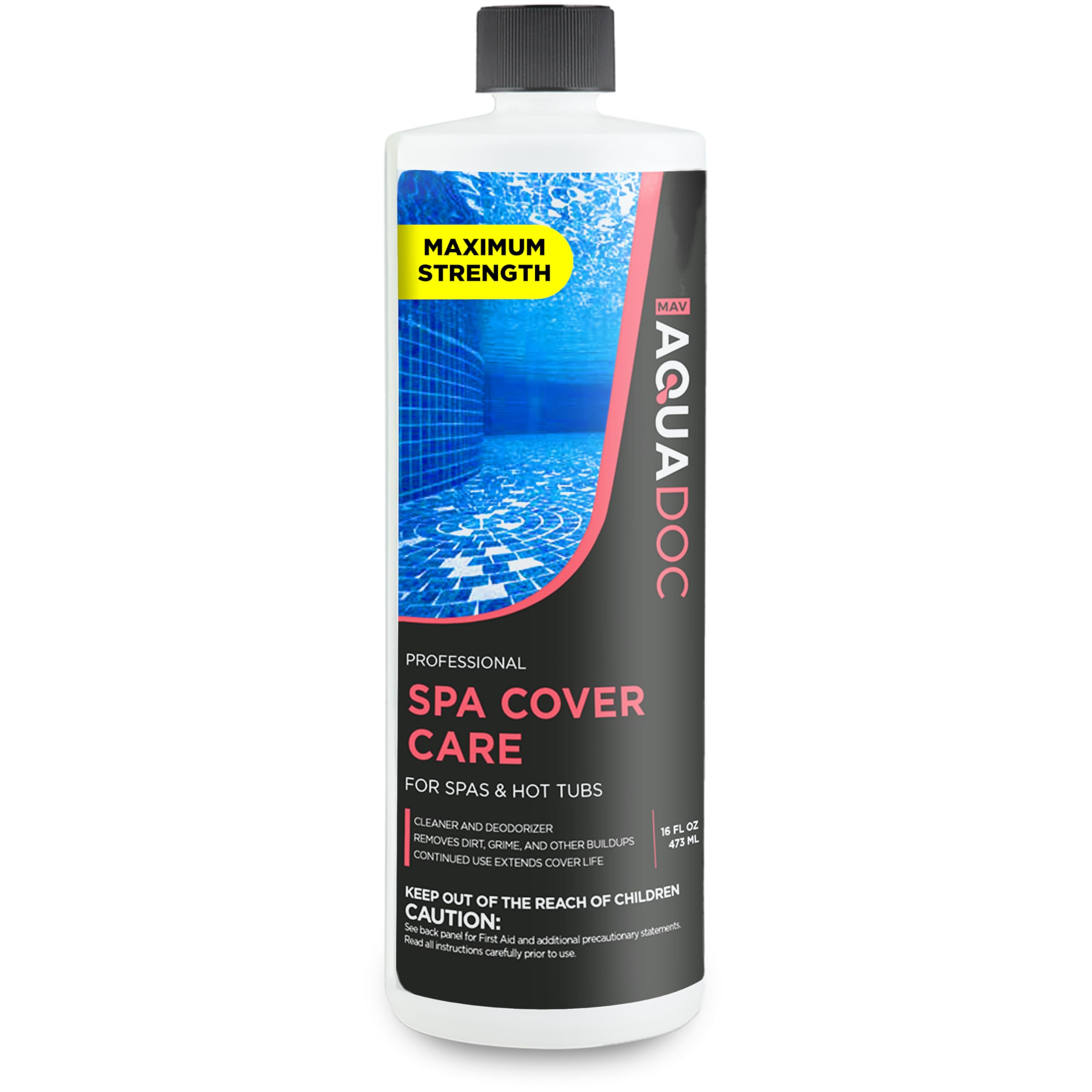 AquaDoc hot tub cover protector bottle applying cleaner to vinyl spa cover for dirt removal.