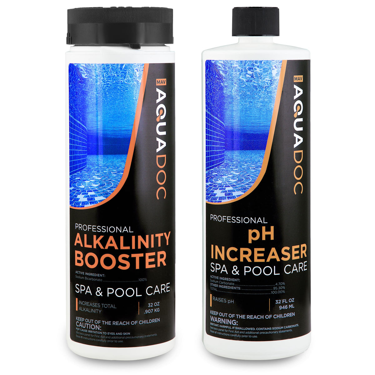AquaDoc pH Up bottle pours to raise spa water pH for balanced feel.