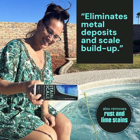AquaDoc Spa Stain & Scale being poured into a hot tub to control minerals.