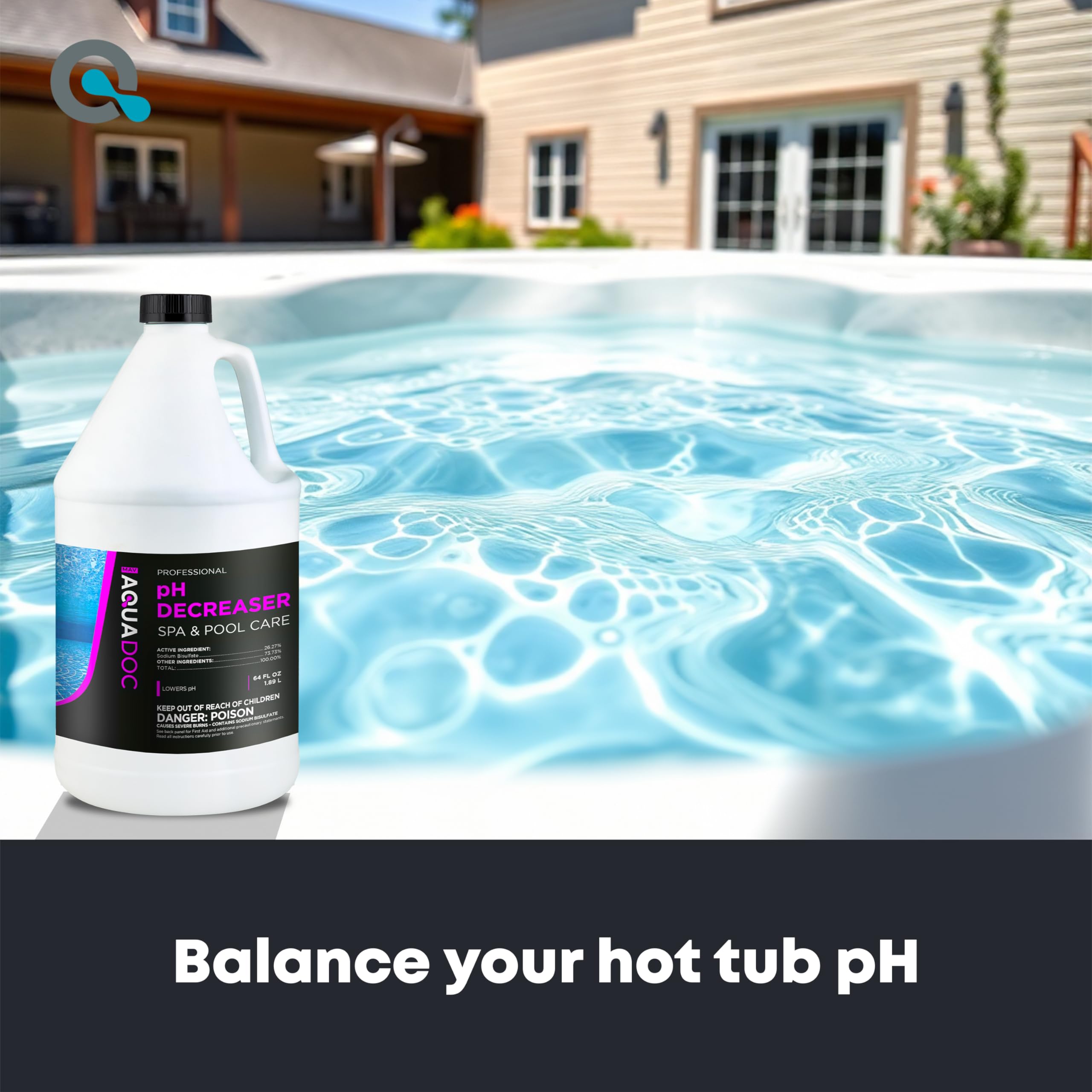 Aquadoc spa water balance illustration showing target pH range 7.2–7.8.