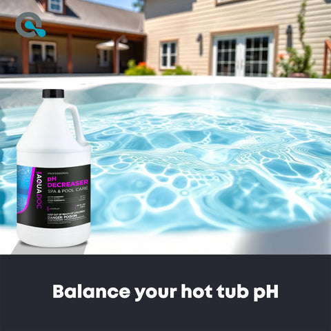 Aquadoc spa water balance illustration showing target pH range 7.2–7.8.