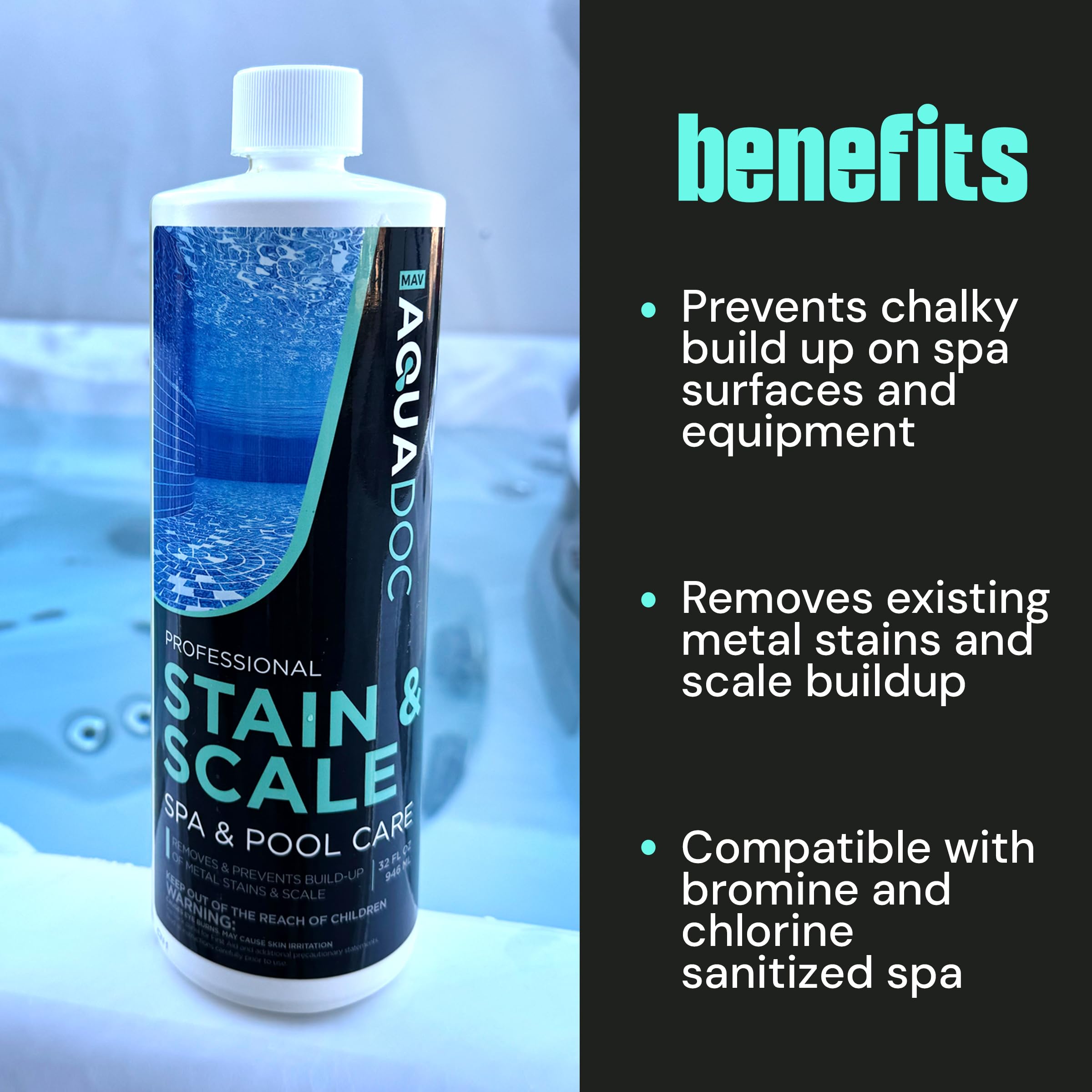 AquaDoc-treated spa water showing clearer blue tones with fewer stains.