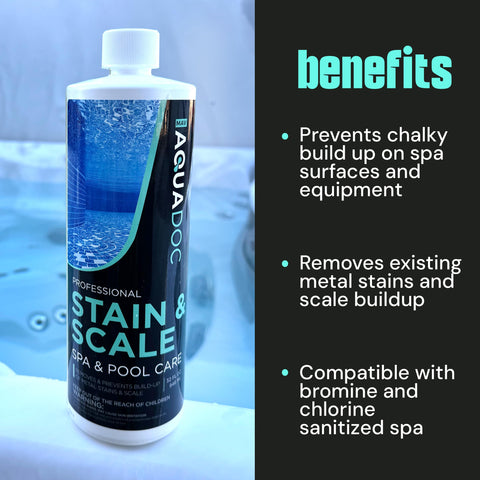 AquaDoc-treated spa water showing clearer blue tones with fewer stains.