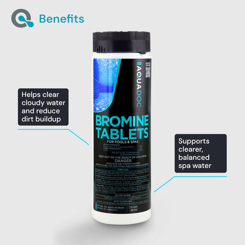 AquaDoc two-step system graphic showing booster then tablets for balanced spa water.