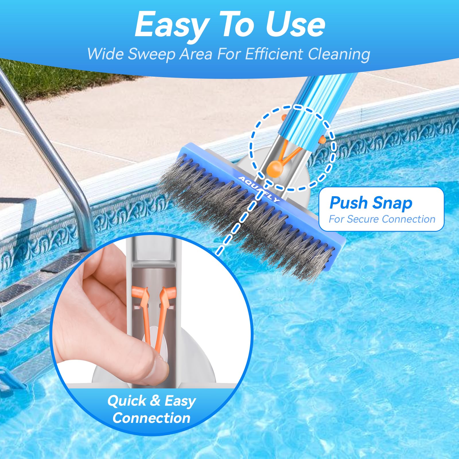 AQUAFLY brush with simple pole attachment for fast setup.
