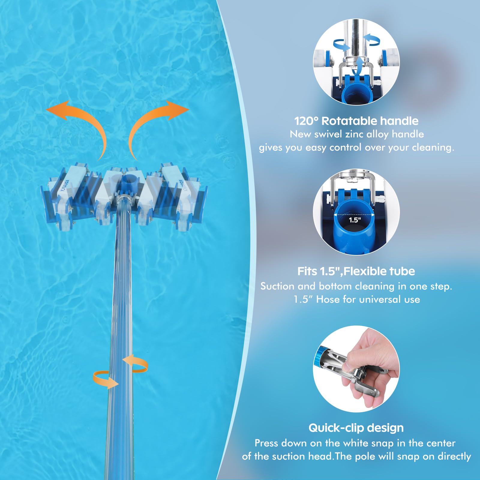 AQUAFLY vacuum head provides powerful suction for dirt and leaves.