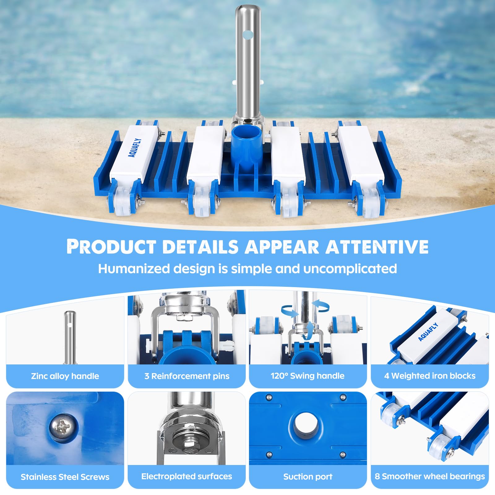 AQUAFLY pool vacuum head features rotating swivel for precise corner access.