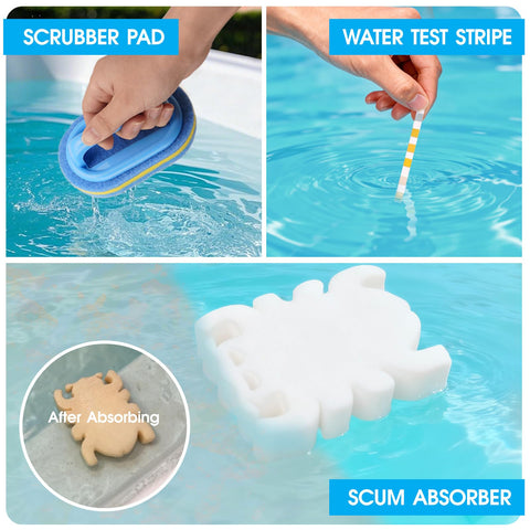 AQUAFYSH package includes test stripes and scrubber pad for spa care.