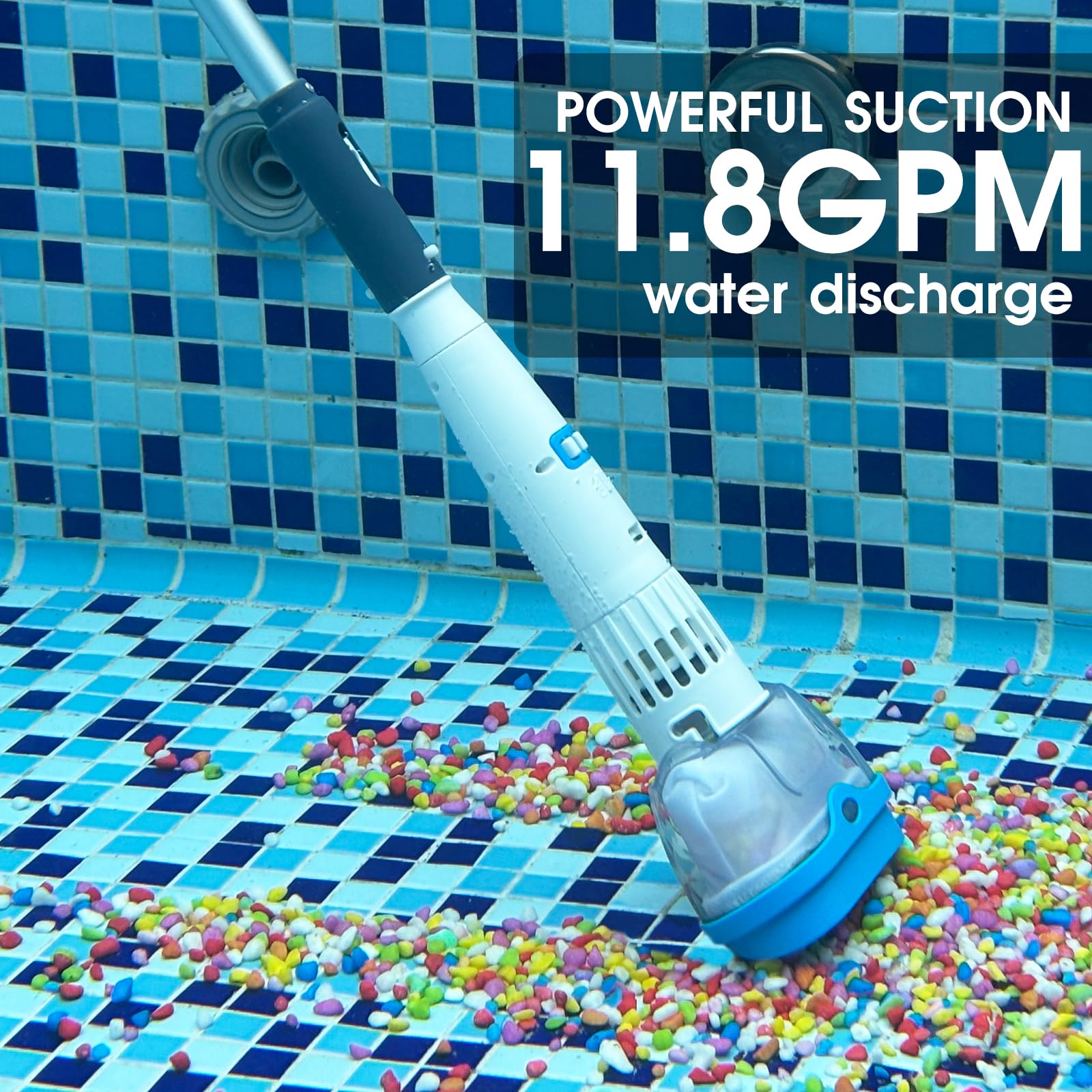 AQUAFYSH spa cleaning head reaching shallow water at 0.6 feet.