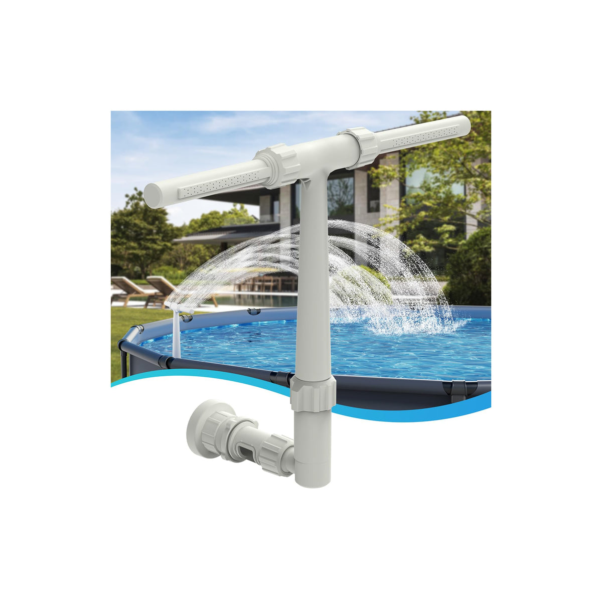 AquaJoyer 8-spray rainbow fountain display enhances backyard pool ambiance.