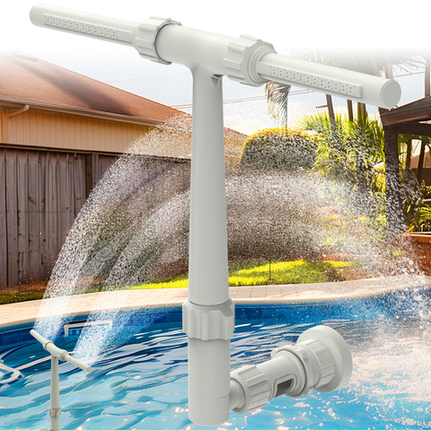 AquaJoyer 8-spray pool fountain rainbow display adds colorful ambiance.