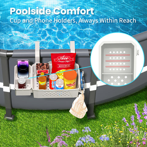 AquaJoyer basket mounted on pool wall with hooks for towels and goggles