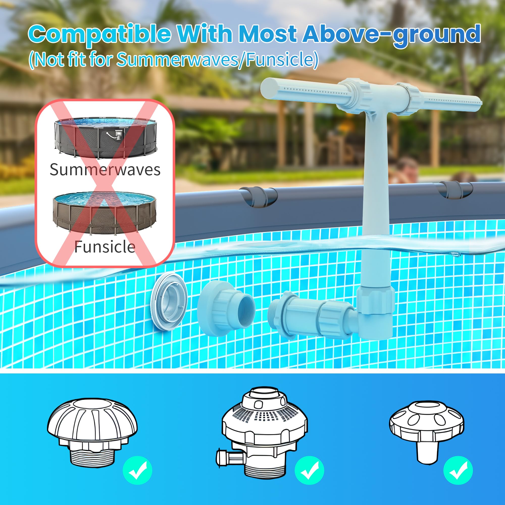 AquaJoyer pool fountain dual spray right view features a tall arc for relaxation.