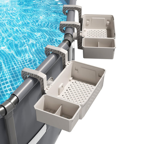 AquaJoyer poolside storage basket attached to a 3-inch rail for quick access