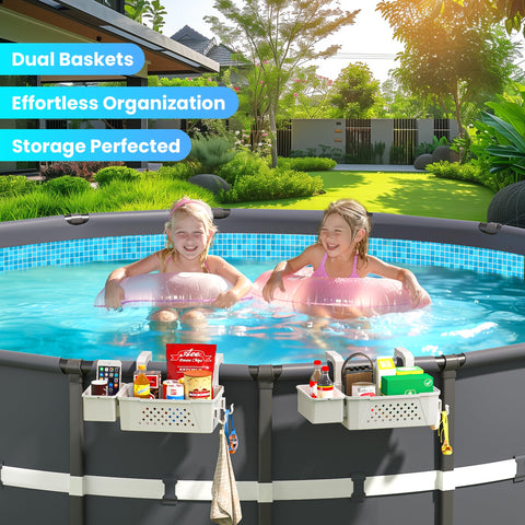 AquaJoyer installation scene demonstrating quick assembly on a pool rail