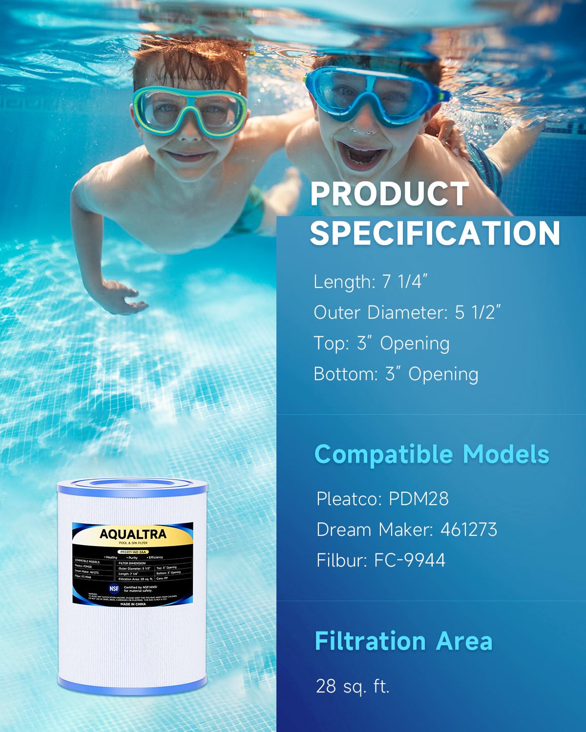 AQUALTRA FC9944-compatible filter ensures easy replacement and reliable circulation.