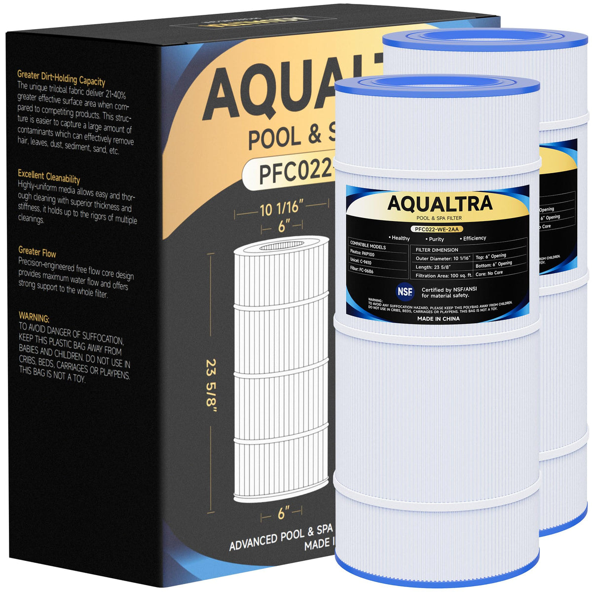 AQUALTRA pool filter CC100 compatibility for 100 sq ft pools.