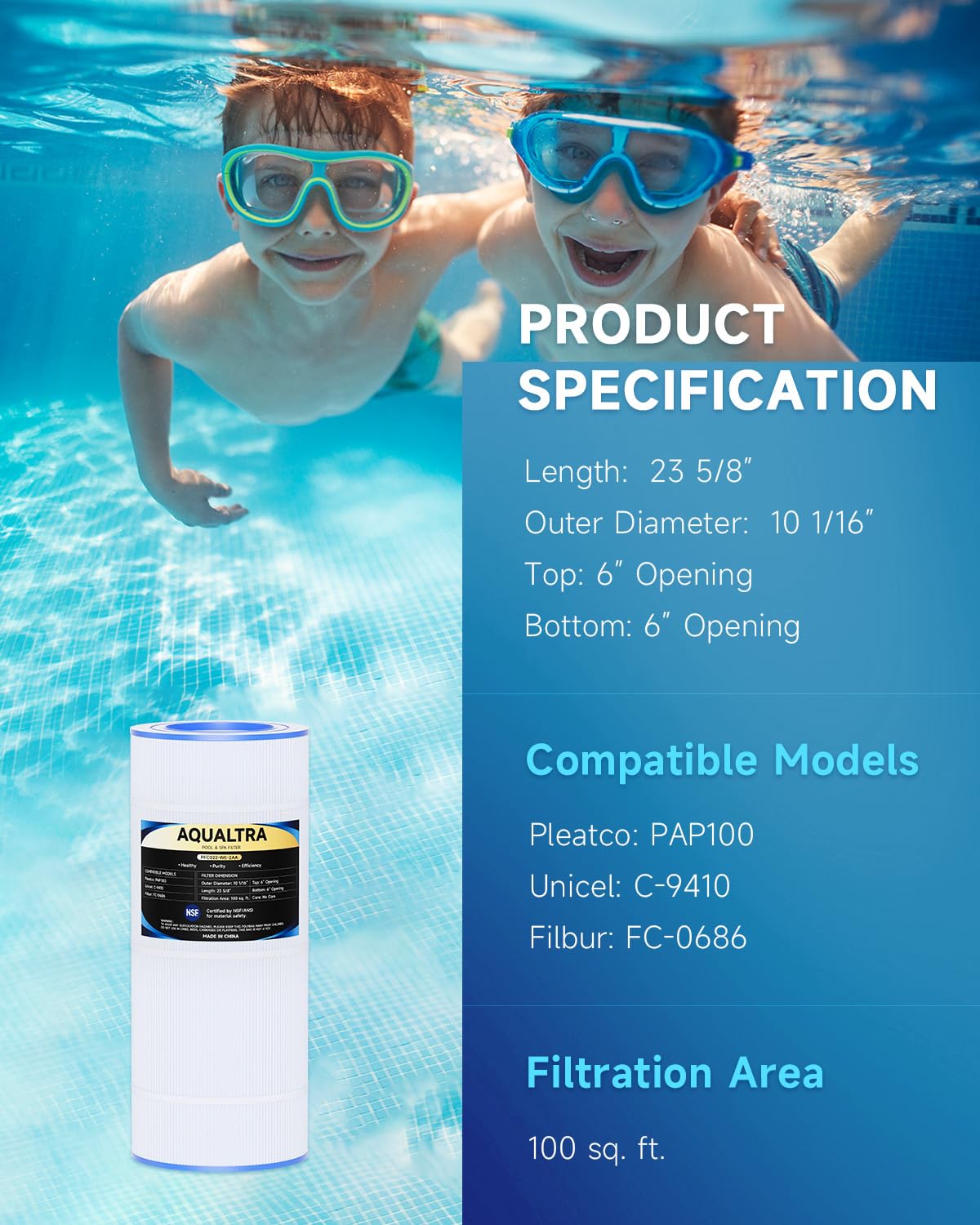 AQUALTRA Ultral-C3 compatible pool filter for clear water.