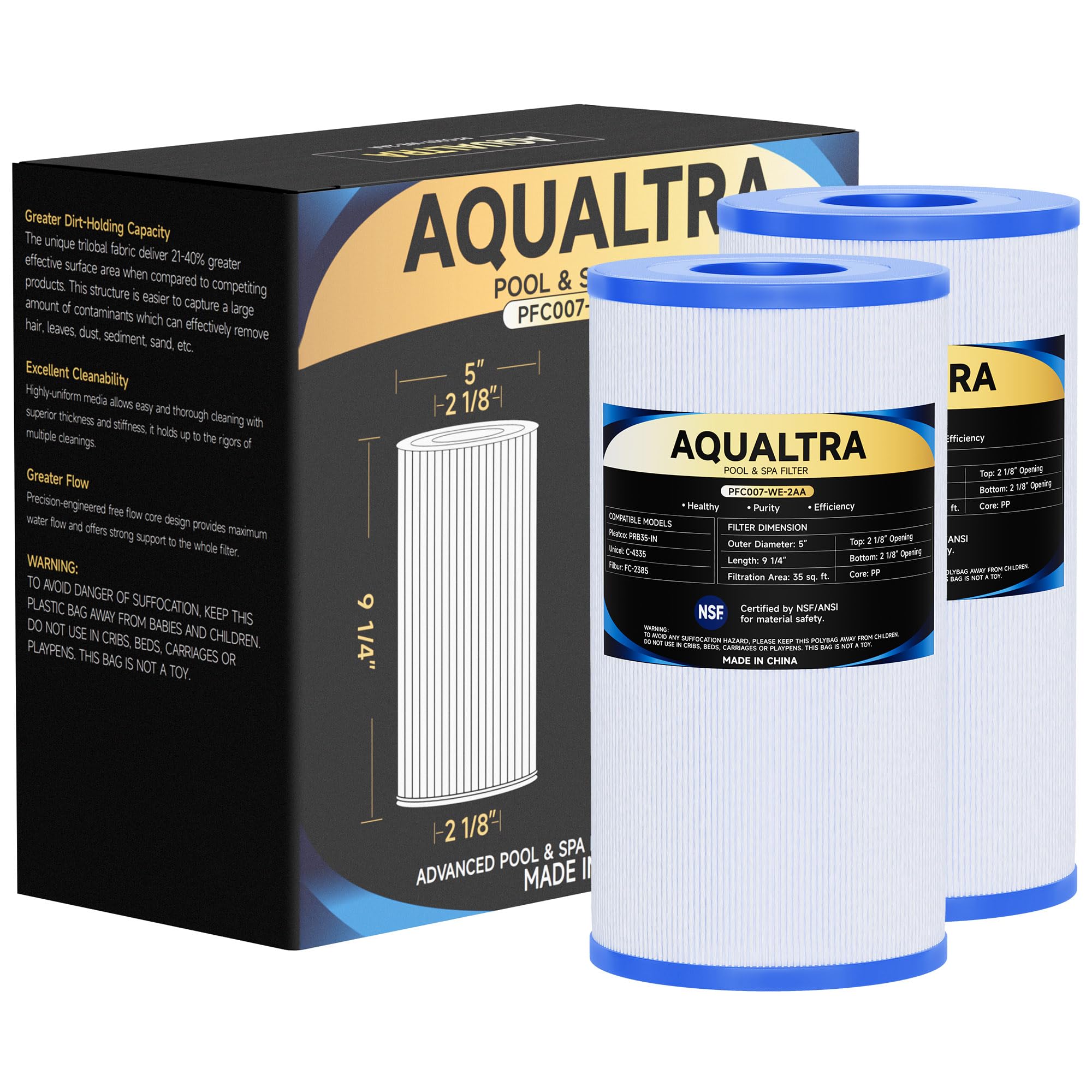 AQUALTRA PRB35-IN spa filter front view shows dirt-locking filtration for cleaner water