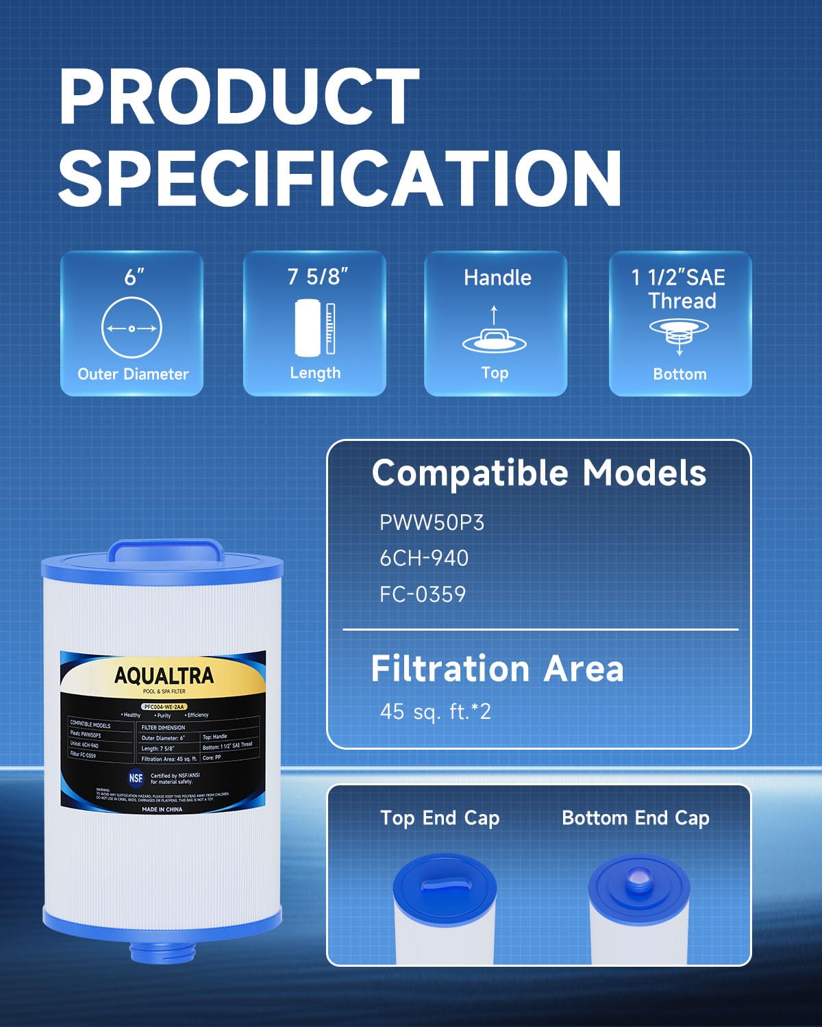 AQUALTRA 6CH-940 filter with 7 5/8 inch length for efficient spa filtration.